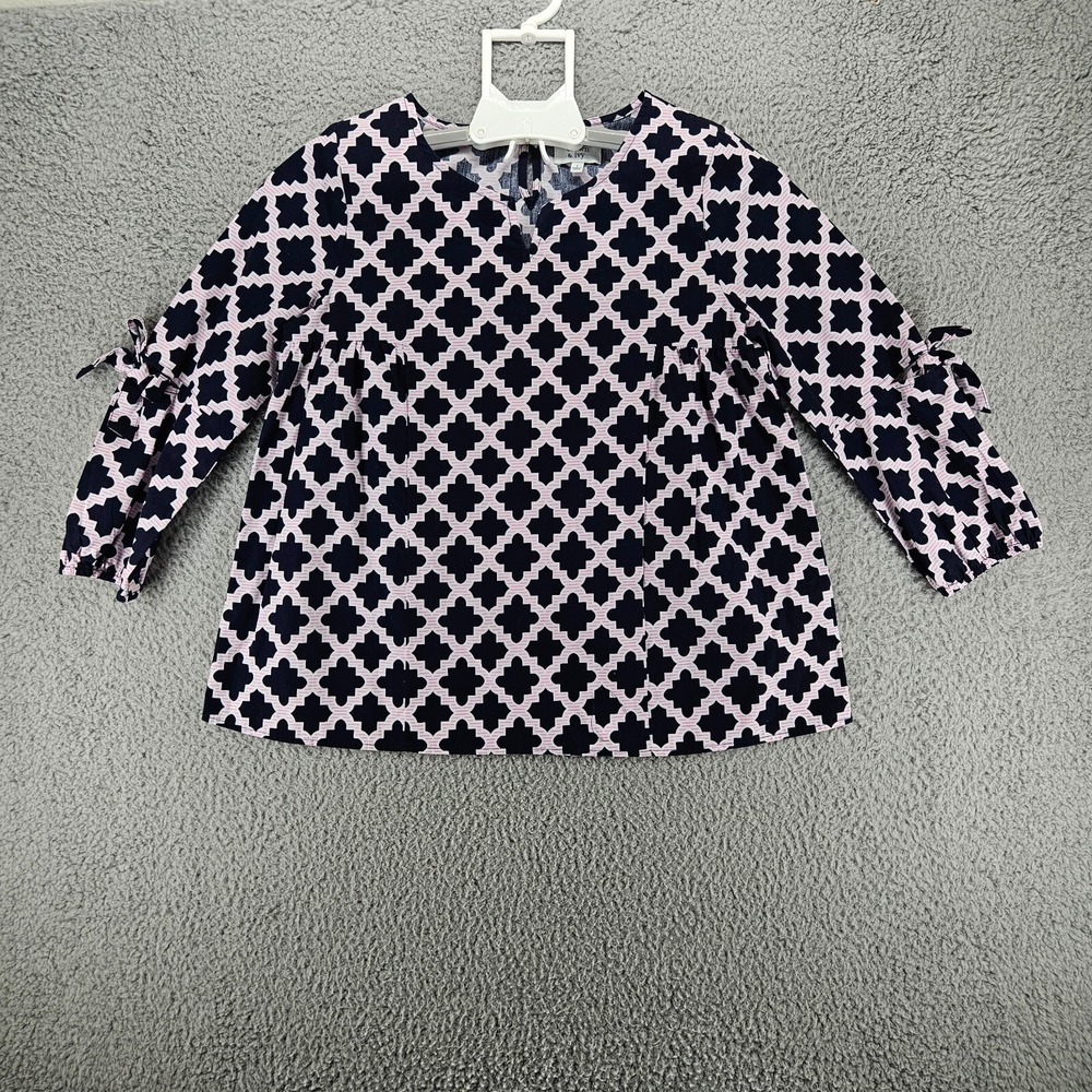 Crown & Ivy Womens Navy Pink Quatrefoil Tie Sleeve Cotton Blouse Large